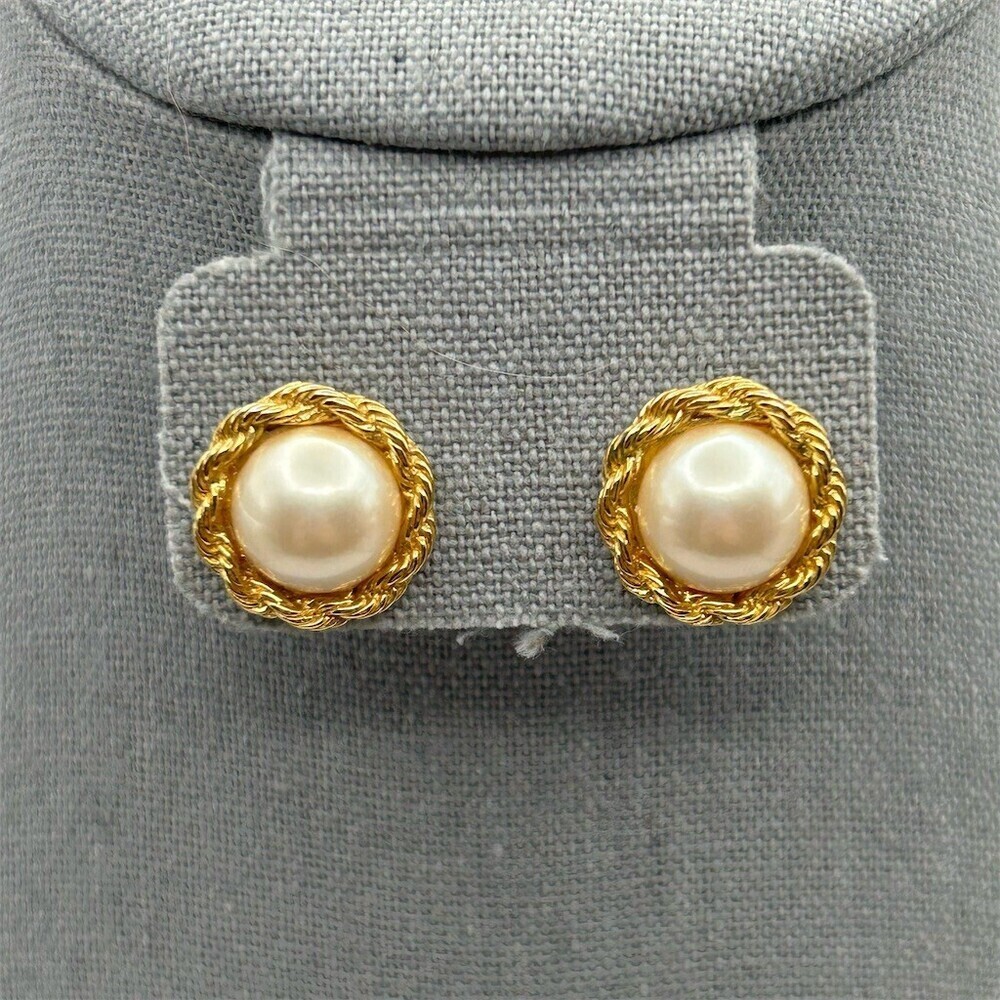 Vintage Trifari Womens Faux Pearl Rope Twist Gold Tone Button Stud Earrings - Picture 5 of 9